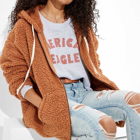 American Eagle Outfitters Tops - American Eagle Sherpa Zip-Up Hoodie Jacket Dark Tan Oversized Size Large L EUC